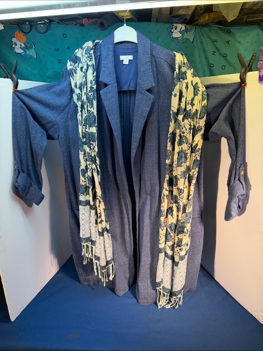 J. Jill Blue Open-Front Cardigan with Cream and Blue Floral Scarf